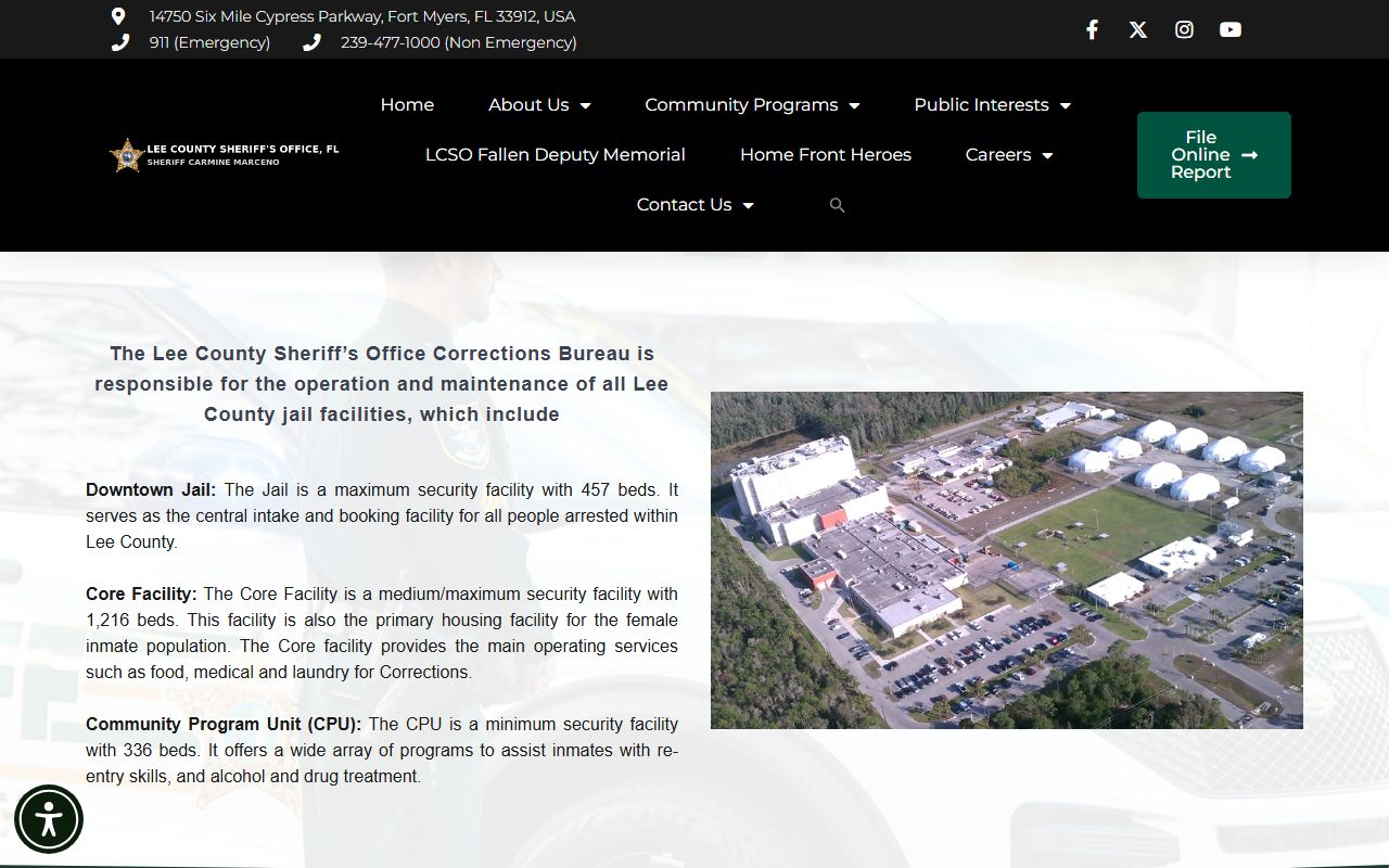 Lee County Sheriff Corrections Bureau page listing jail facilities, capacities, and 2024 inmate population statistics