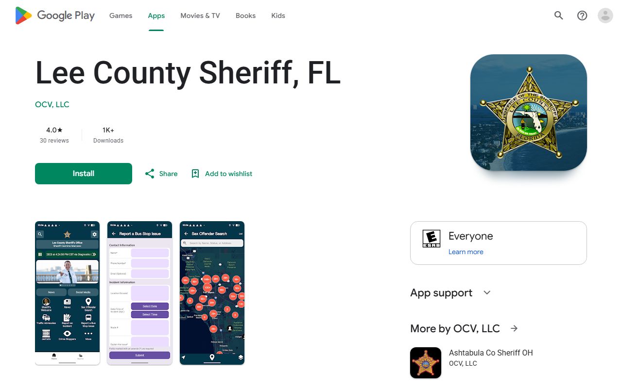 Google Play listing for the official Lee County Sheriff app showing arrest search and crime mapping features