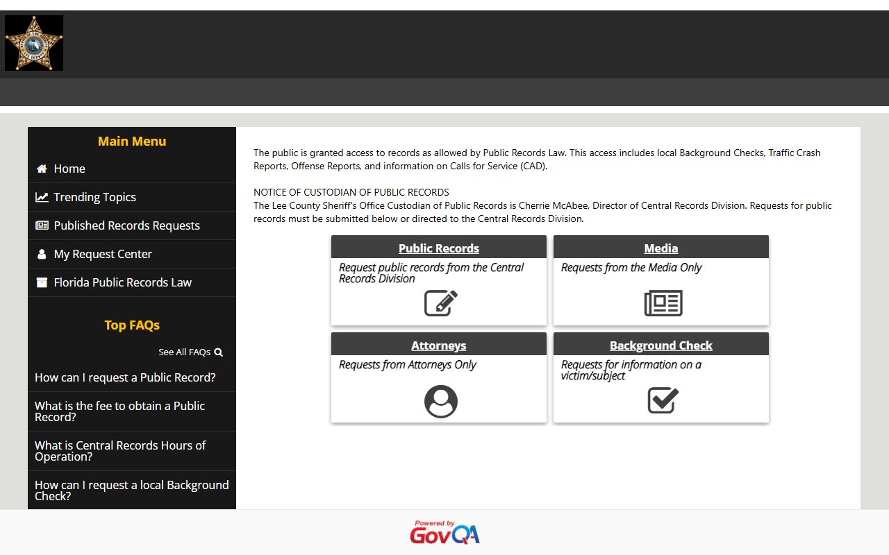 Lee County Sheriff GovQA public records portal showing request categories for booking records and photos