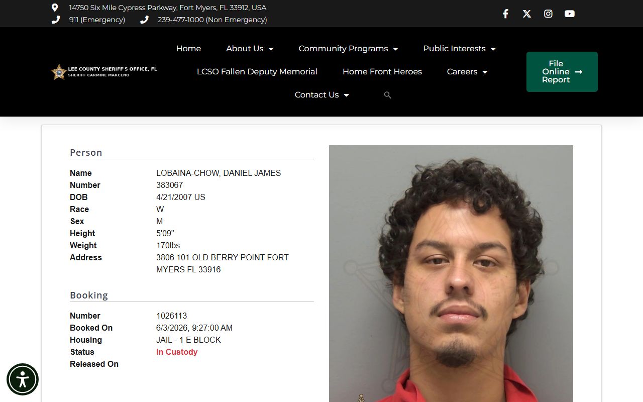 Sample Lee County jail booking profile layout showing inmate record fields and booking details