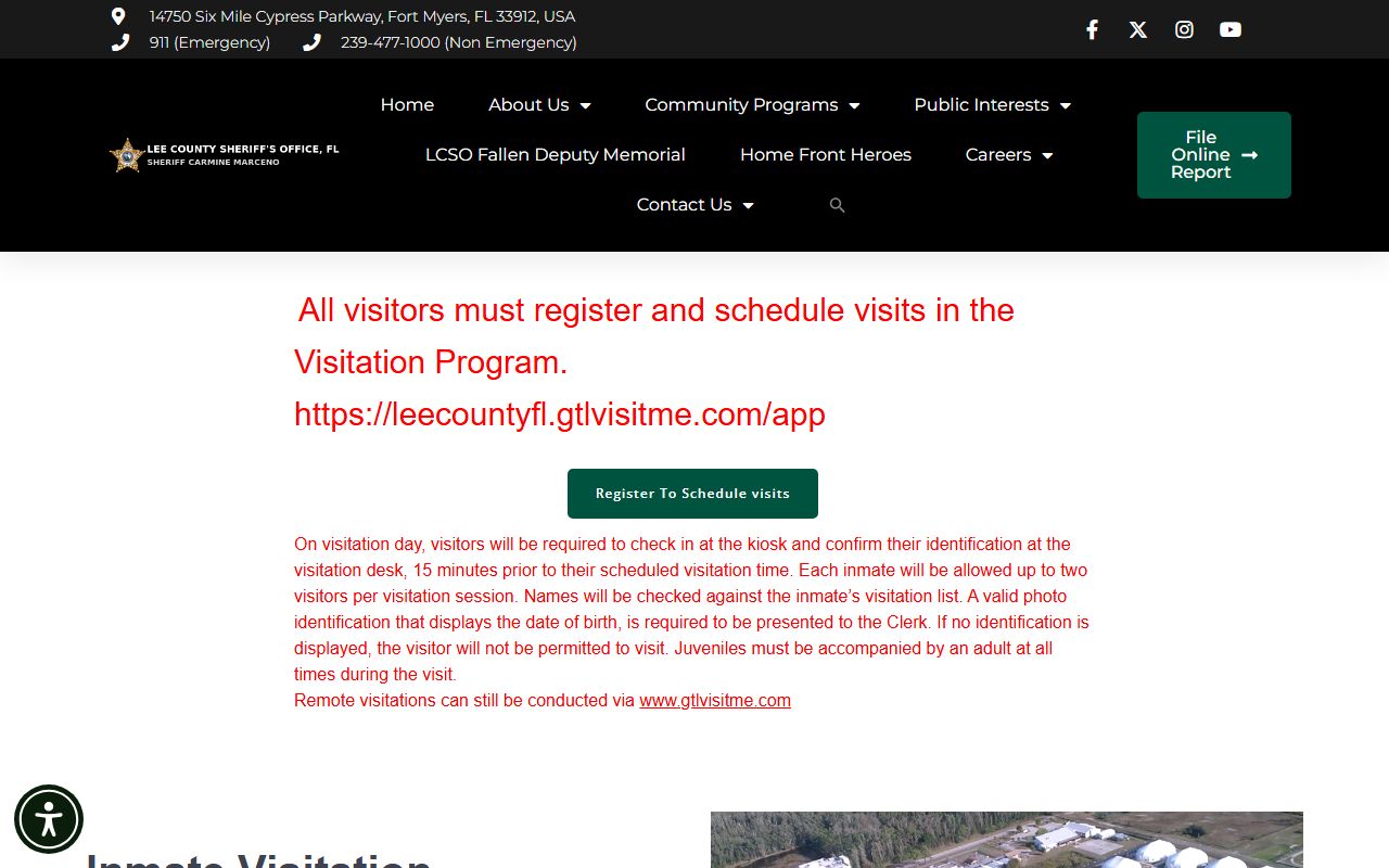 Lee County jail visiting inmates page with video visitation schedule, ID rules, and scheduling instructions