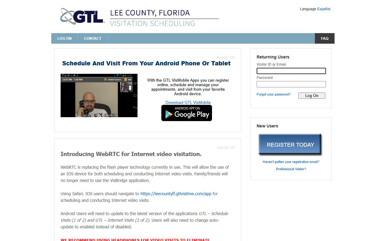 Lee County GTL/ViaPath VisitMe login and registration screen for scheduling Core Facility video visits