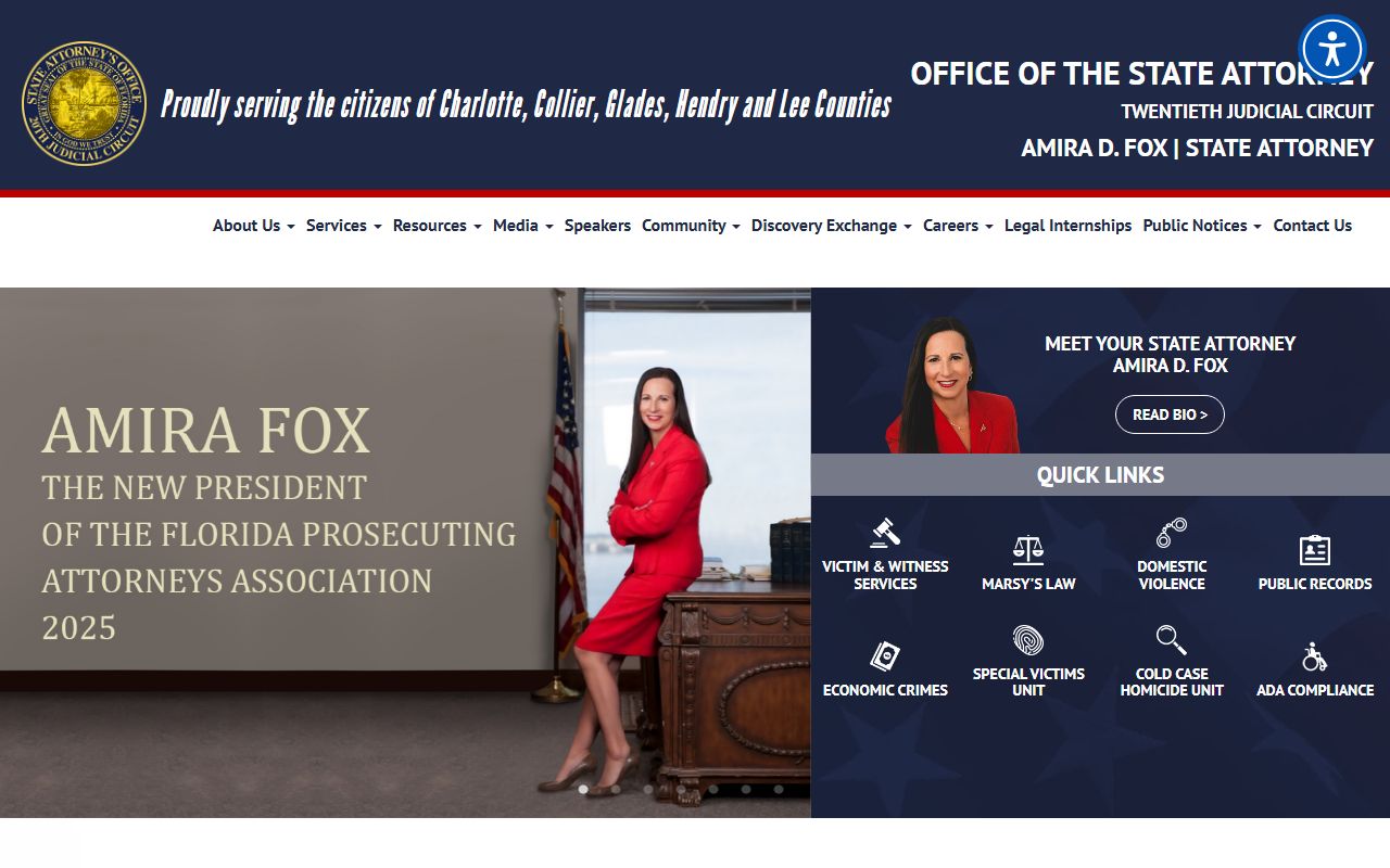 State Attorney for the 20th Judicial Circuit homepage covering Lee County prosecutions